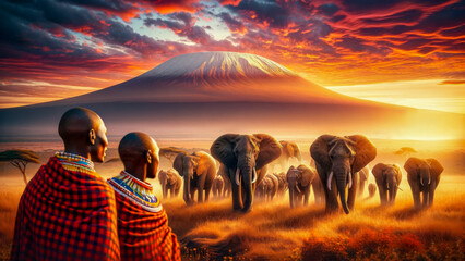 Spectacular African Sunset: Maasai People Observing Elephants' Trek from Mount Kilimanjaro - obrazy, fototapety, plakaty