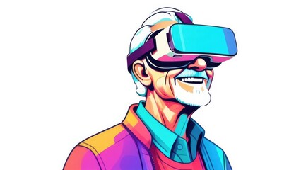 Grandfather smiling in virtual reality glasses on white isolated background. The concept of future is virtual reality. VR glasses on skull. Illustration.