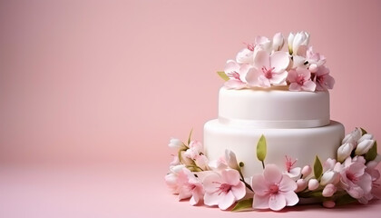Wedding cake. Top view. Light pink background. Copy space. Wedding concept.