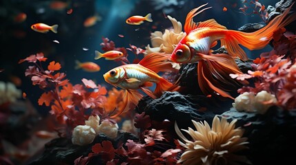 AI generated illustration of tropical fish swimming in unison in an aquatic environment
