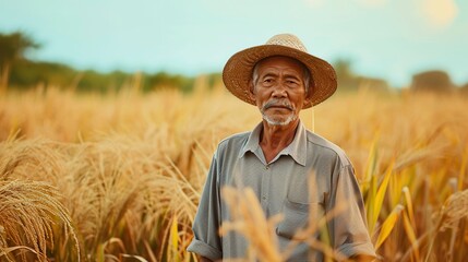 An elderly farmer stands in a golden wheat field, symbolizing seasoned expertise and the abundance of harvest, ideal for themes of agriculture and sustenance.