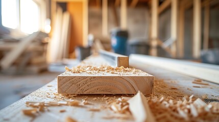 A detailed close-up of wood shavings on a carpentry workbench, representing craftsmanship and woodwork concept, suitable for backgrounds in craft and design visuals.