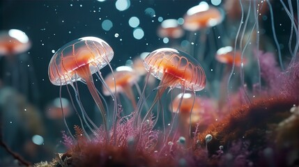 small jellyfish floating in an underwater scene at night with sparkling lights