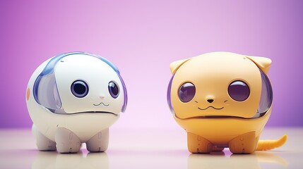 Obraz premium Two adorable robotic pet companions with large, expressive eyes, presenting the friendly side of consumer robotics against a vibrant purple backdrop, suitable for text.