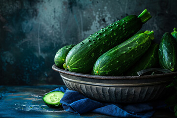 Fresh Organic Cucumbers in Rustic Ceramic Bowl on Wooden Table