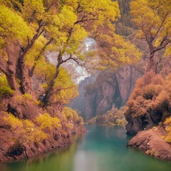 AI generated illustration of a tranquil river running through a landscape of yellow autumn trees