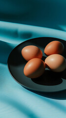 Minimalist Still Life of Brown Eggs on a Black Plate Against a Blue Background