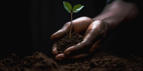 AI generated illustration of hands grasping a handful of soil, with a small potted plant in it