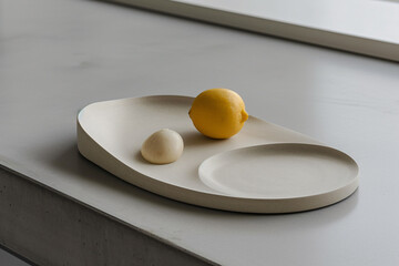 Minimalist Ceramic Plate with Lemon and Egg on Neutral Background