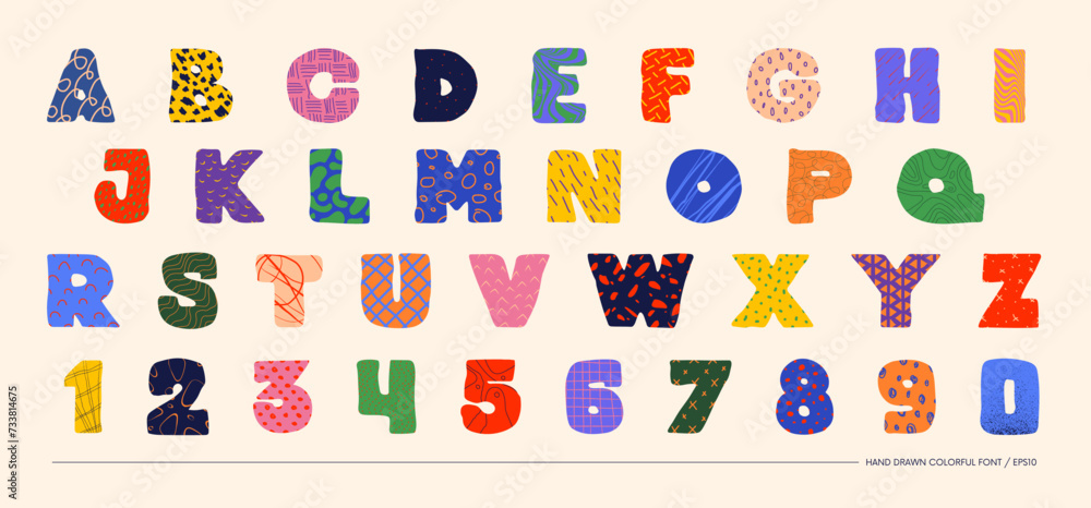 Poster hand drawn colorful bizarre alphabet thick font with different textures, unusual latin typeface in m
