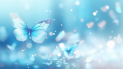Blue of gentle natural with butterfly and smooth sun light, macro. Dreamy gentle air artistic image with soft focus background.