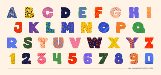 Hand drawn colorful bizarre alphabet thick font with different textures, unusual latin typeface in matisse art style, vector bold letters and numbers
