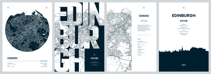 Set of travel posters with Edinburgh, detailed urban street plan city map, Silhouette city skyline, vector artwork
