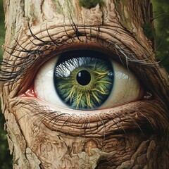 AI generated illustration of a large green human eye in a tree trunk