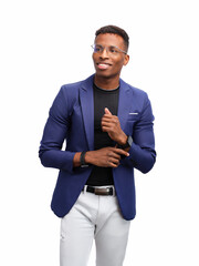 Confident black male in a blue blazer smiling and in a happy mood. African-American man with a...