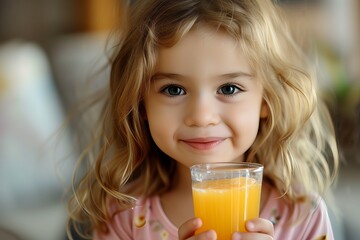 beautiful children holding a glass of juice in their hand - obrazy, fototapety, plakaty