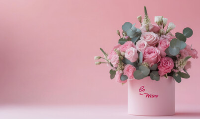 A romantic hat box with elegant pink flowers and words "Be mine" on box. Space for text.