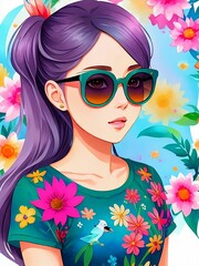 A young woman with long, vibrant purple hair wearing green sunglasses against a floral background