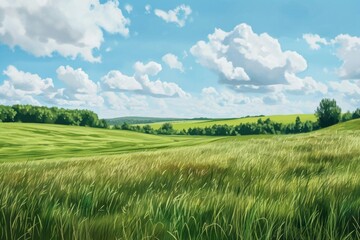 Rural landscape art with fields and grass.