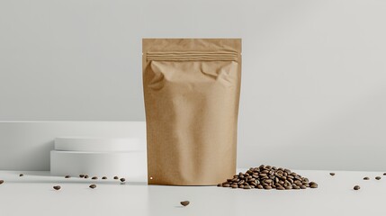 A paper bag that held coffee goods mockup image about coffee beans over a white backdrop, Generative AI.