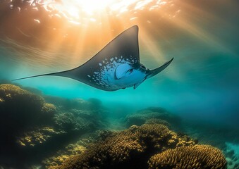 AI generated illustration of A manta ray is seen gliding through a crystal clear underwater