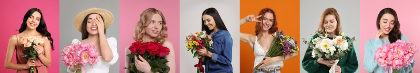 8 March - Happy Women's Day. Charming ladies with beautiful flowers on different colors backgrounds, collage