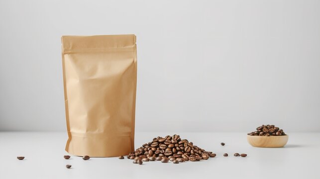 A paper bag that held coffee goods mockup image about coffee beans over a white backdrop, Generative AI.