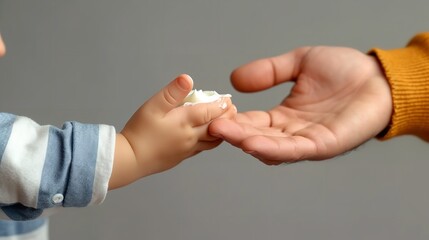 A person applying cream to a baby's hand against a clean backdrop with space, Generative AI.