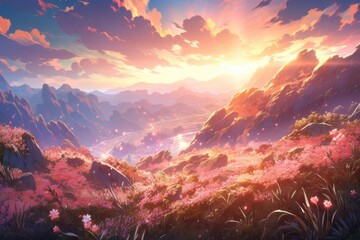 sun shining in the mountainside of a valley and a hill with the view of clouds and beautiful sky and a field of leaves and red roses