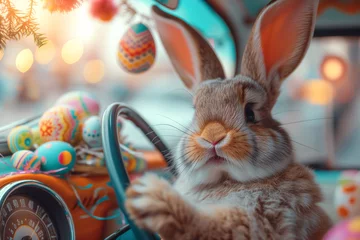 Fotobehang Cute bunny driving vintage car full of Easter eggs, rabbit character, Easter cartoon Illustration © zamuruev