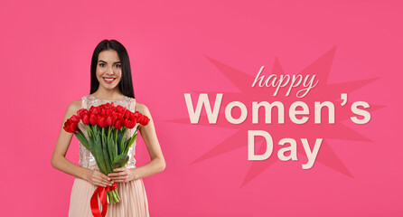 Happy Women's Day, Charming lady holding bouquet of beautiful flowers on pink background