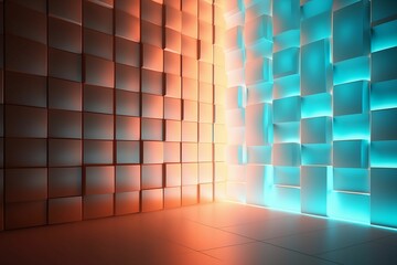 Brightly lit interior space featuring a geometric patterned wall design. AI-generated.