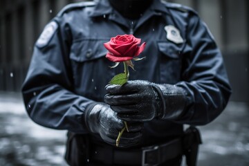 Male police officer in uniform holding a single red rose. AI-generated.