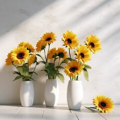 three white vases holding four different types of yellow sunflowers