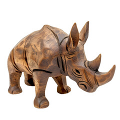wooden rhino statue isolated on white, wooden craft, wooden animal miniature, wooden animal figurine