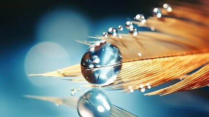Beautiful transparent water droplets with sun light reflection on soft feather. Delicate dreamy exquisite artistic image concept background close-up macro.