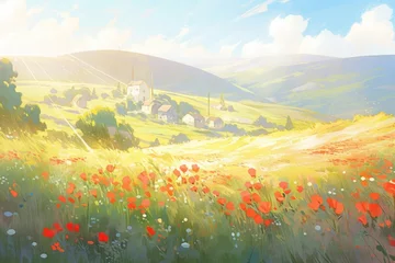  a hillside with mountains and landscape with flowers and red roses is shining under sunshine in the morning © usman