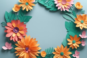 Fototapeta na wymiar An inviting frame created by paper cutout flowers in a warm palette