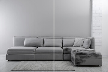 Sofa before and after dry-cleaning indoors, collage - obrazy, fototapety, plakaty