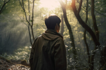 男性, 森, 佇む男性, 男性の後ろ姿, 森の中に佇む男性の後ろ姿, male, forest, standing male, male back view, male back view standing in forest