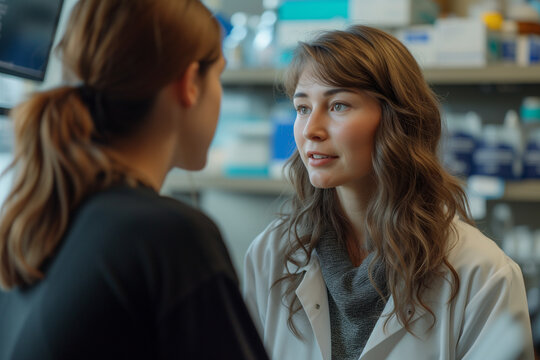 Genomics counselling session illustrating a caucasian brunette female patient looking to the window while talking to a doctor in an examine room of a walk-in clinic. Two women sitting in a hospital