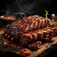 AI generated illustration of mouth-watering ribs cooked to perfection on a cutting board