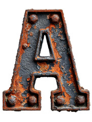 Letter A made of rusty metal in grunge style isolated on the white background.