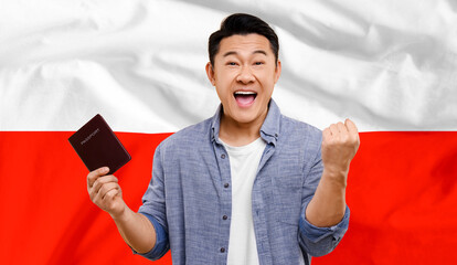 Immigration. Happy man with passport against national flag of Poland, banner design
