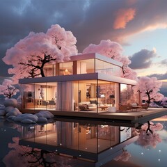 AI generated illustration of a modern house exterior with a pool - obrazy, fototapety, plakaty
