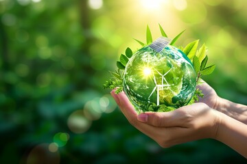 The image created captures the essence of nurturing and protecting our environment It can be named Nurturing the Earth's Future, embodying the concept of hands holding a green plant with the backdrop 
