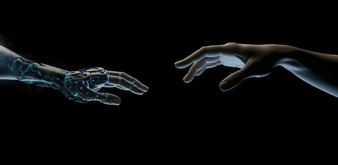 AI generated illustration of a human hand reaching out to a robotic hand on a black background