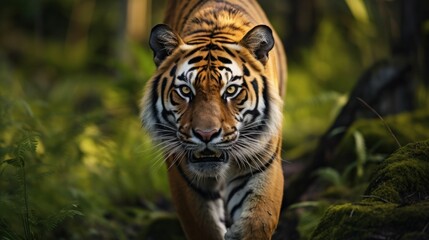 AI generated illustration of a majestic tiger walking through a lush green forest