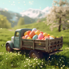 Vintage truck full of colorful Easter eggs on a meadow with grass and spring flowers. Concept of...