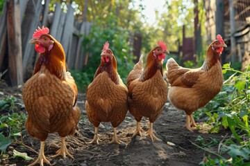 Farm chickens in a group. - obrazy, fototapety, plakaty